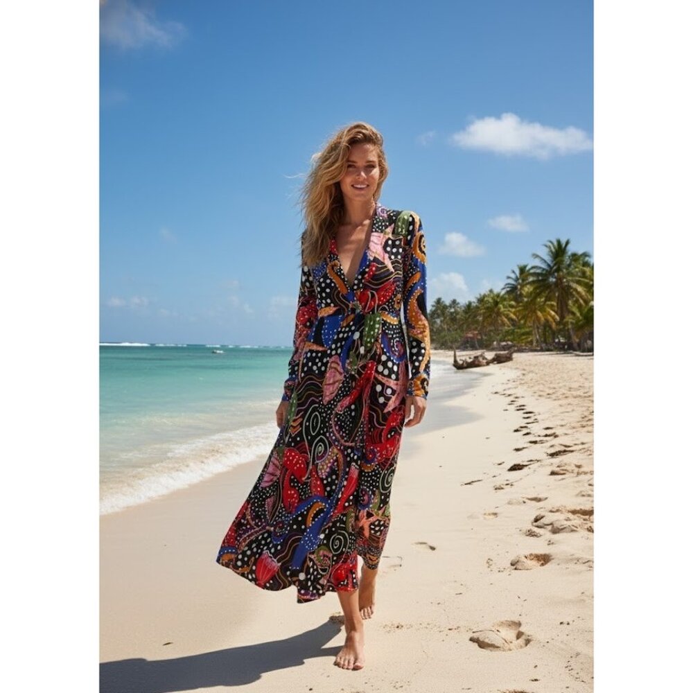 NWT FARM Rio Under The Sea Maxi Plunging V-neck Long Sleeve Dress XS $200